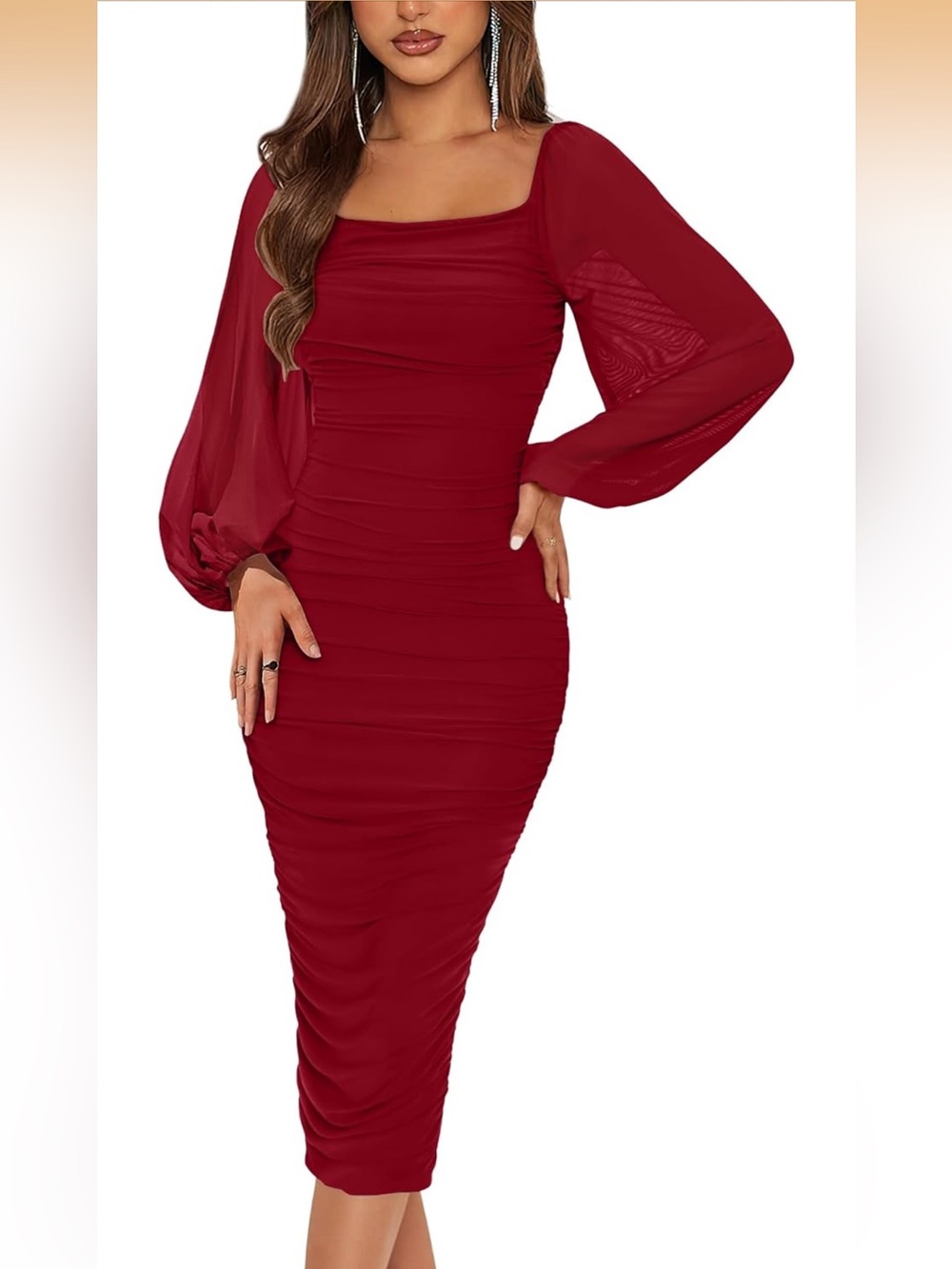 Long Puff Sleeve Ruched Midi Bodycon Dress Sexy Mesh XS. 2354/DC-1